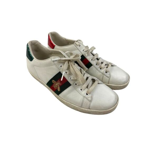 Gucci - Ace Bee Embroidered Low Top Leather Sneakers in White Red & Green - Picture 1 of 7